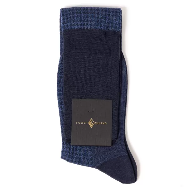 Sozzi Dark Blue And Ink Blue Patterned Merino Wool Knee Sock "Pied De Poule