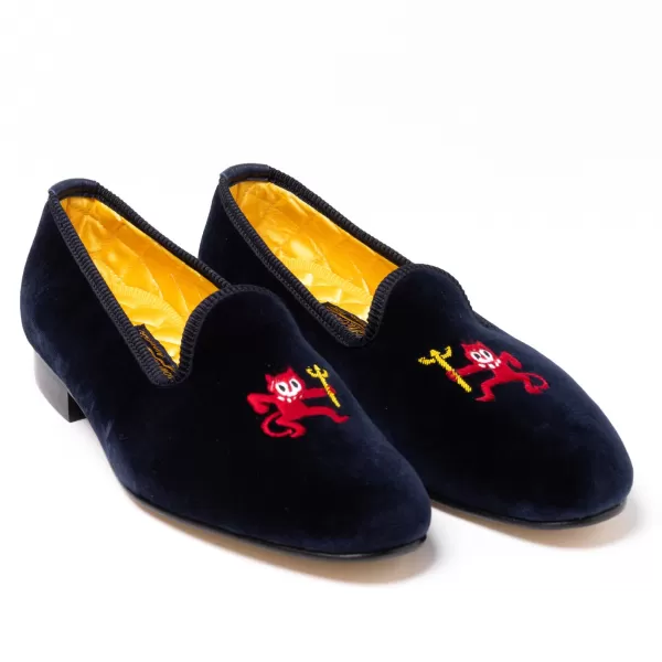 Bowhill u0026 Elliott Dark Blue Velvet Loafers "Little Red Devil" With Leather Sole - Handma