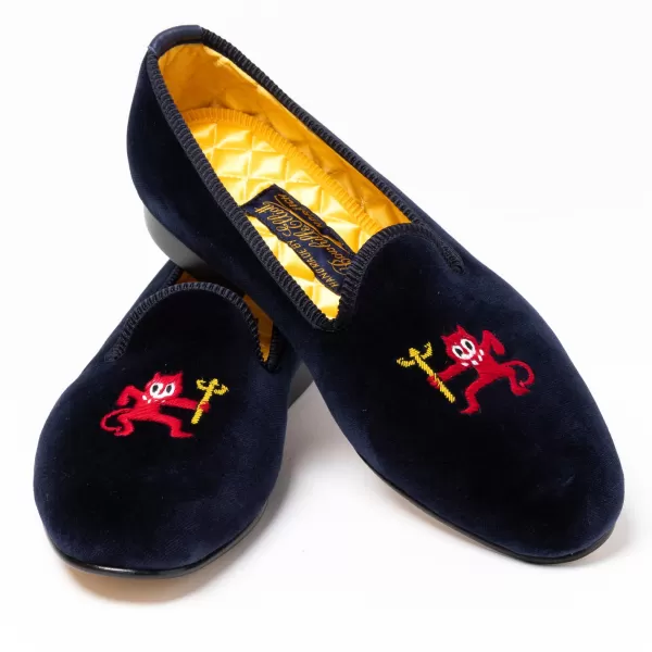 Bowhill u0026 Elliott Dark Blue Velvet Loafers "Little Red Devil" With Leather Sole - Handma