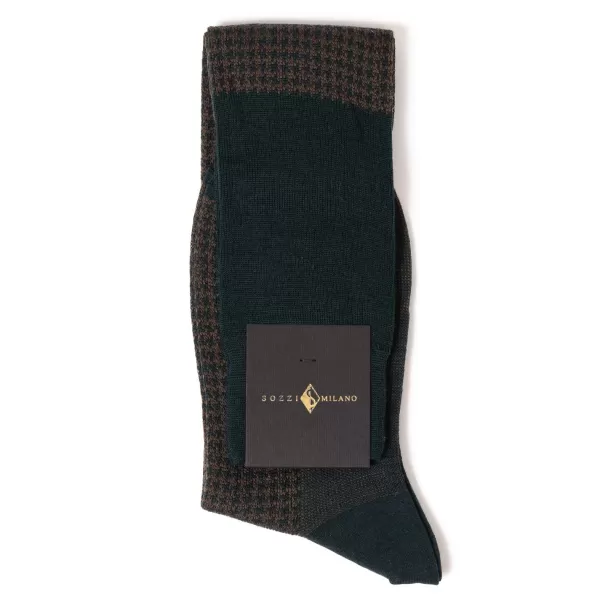 Sozzi Dark Green And Brown Patterned Merino Wool "Pied De Poule" Knee Sock