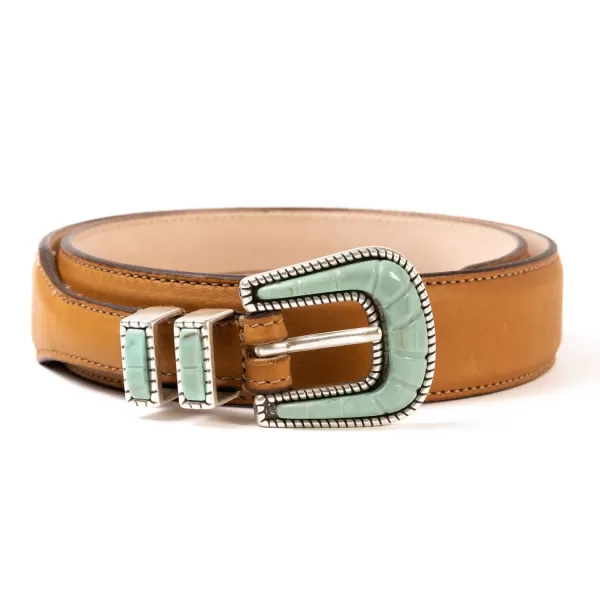 Silver Ostrich X Mj: Western Belt "Colorado" Made Of Light Brown Calfs